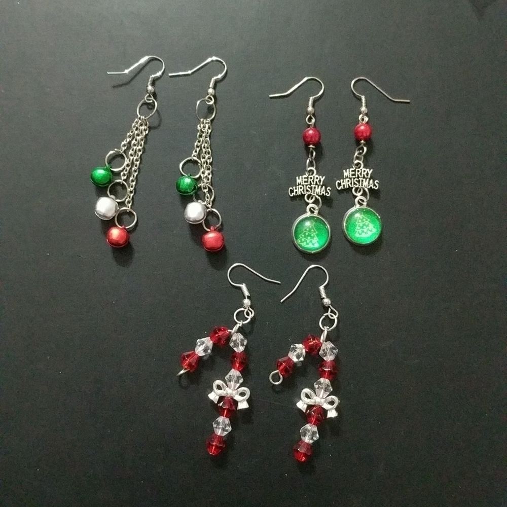 Set of 3 Holiday Christmas Earrings - Jingle Bells, Merry Christmas, Can…